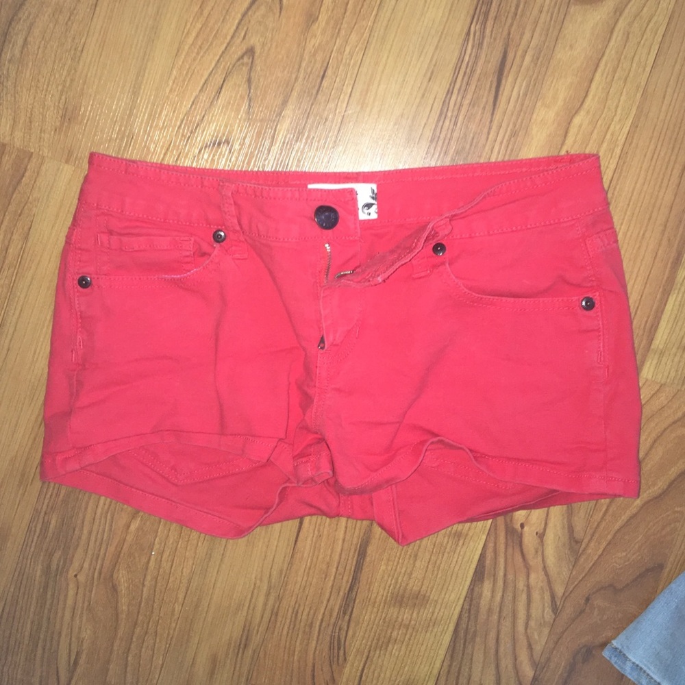 red jean shorts